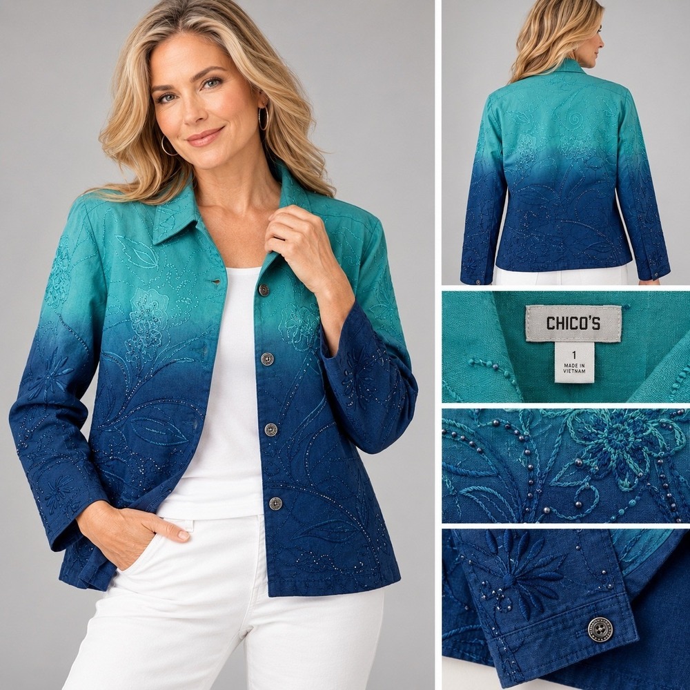 Chico's Design‎ Embroidered Ombre Jacket Teal Blue Cotton Floral Sequin Size 1